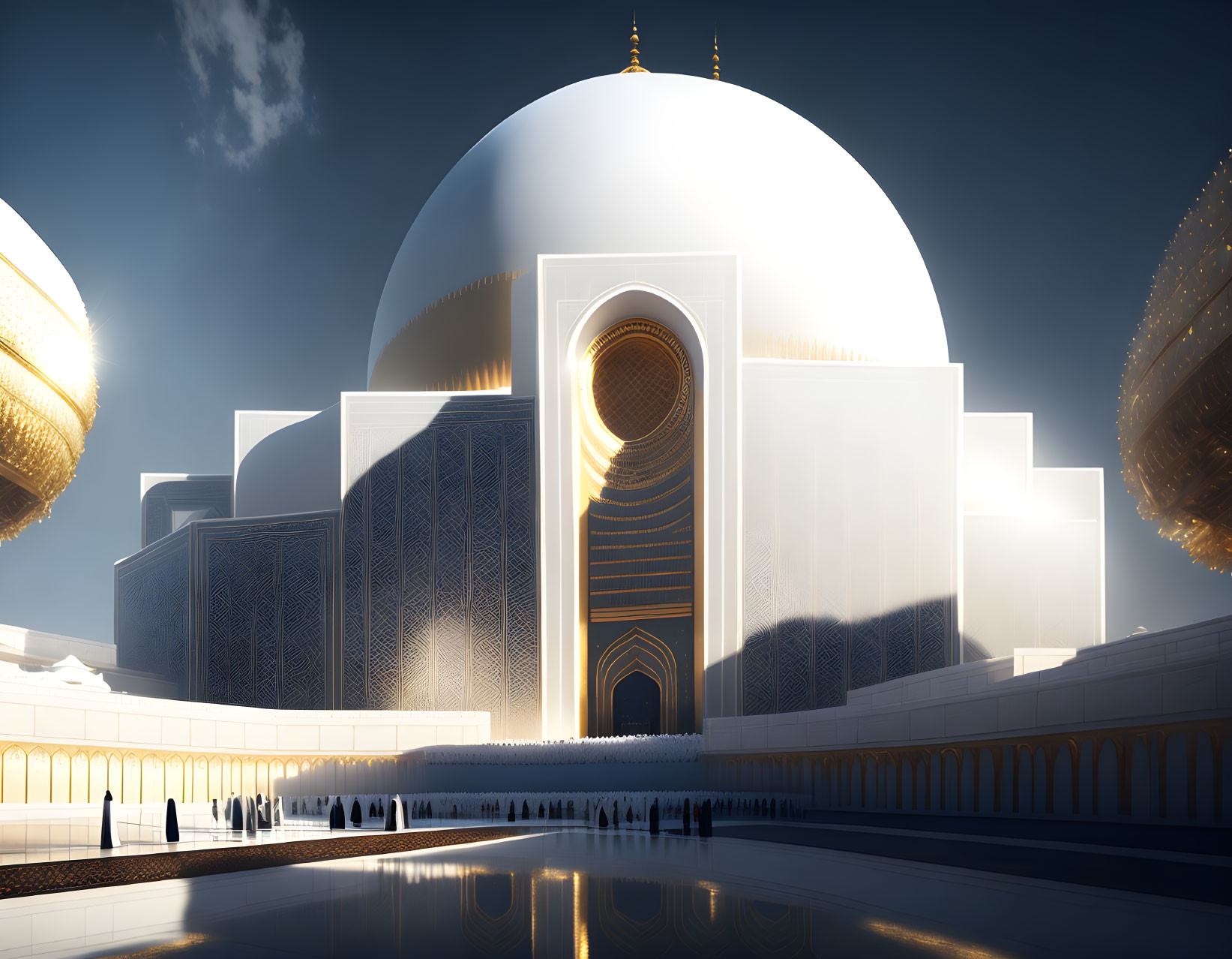 Futuristic mosque with white dome and intricate doorway at twilight