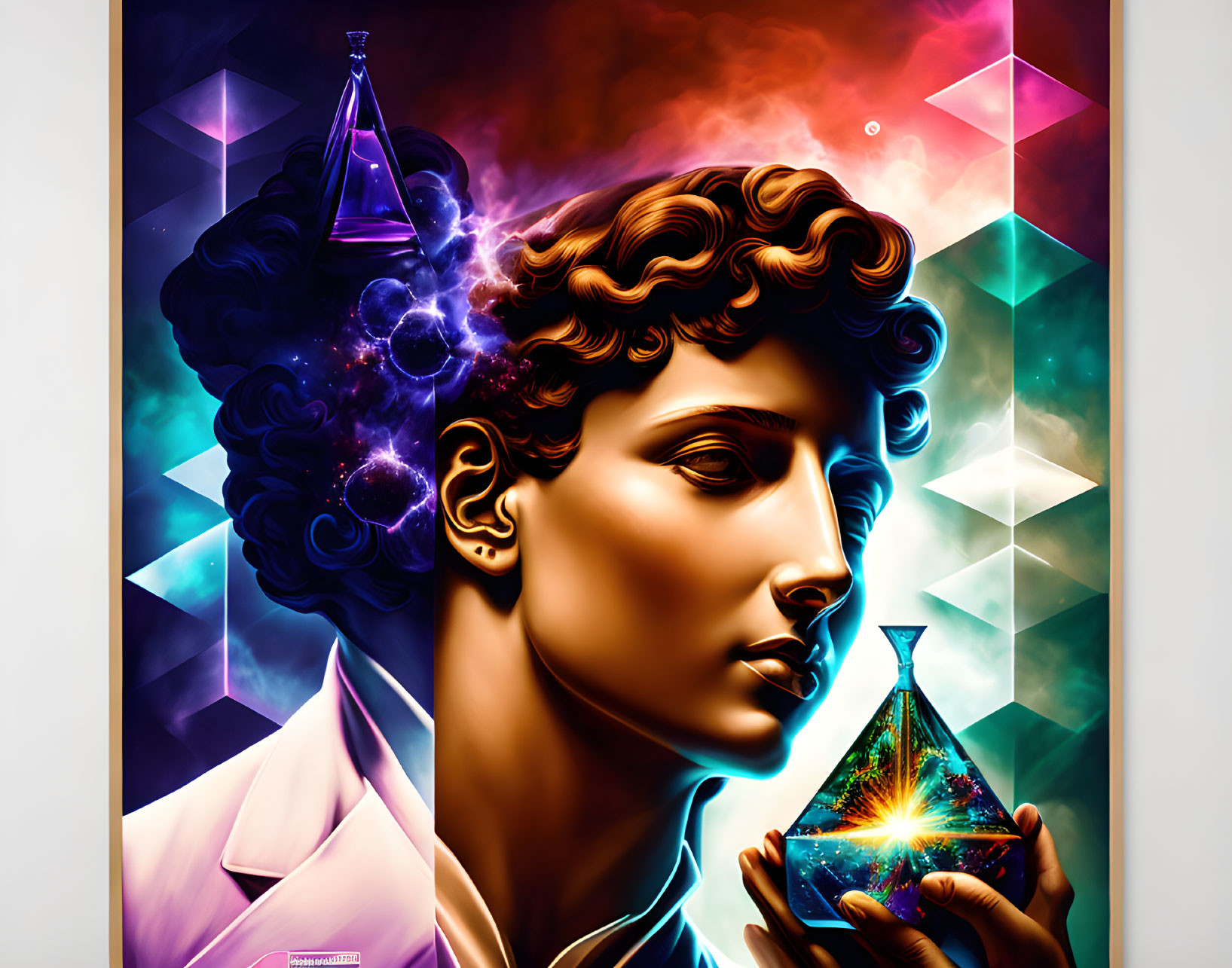 Digital artwork: Classical statue head with cosmic brain, galaxy flask, geometric shapes