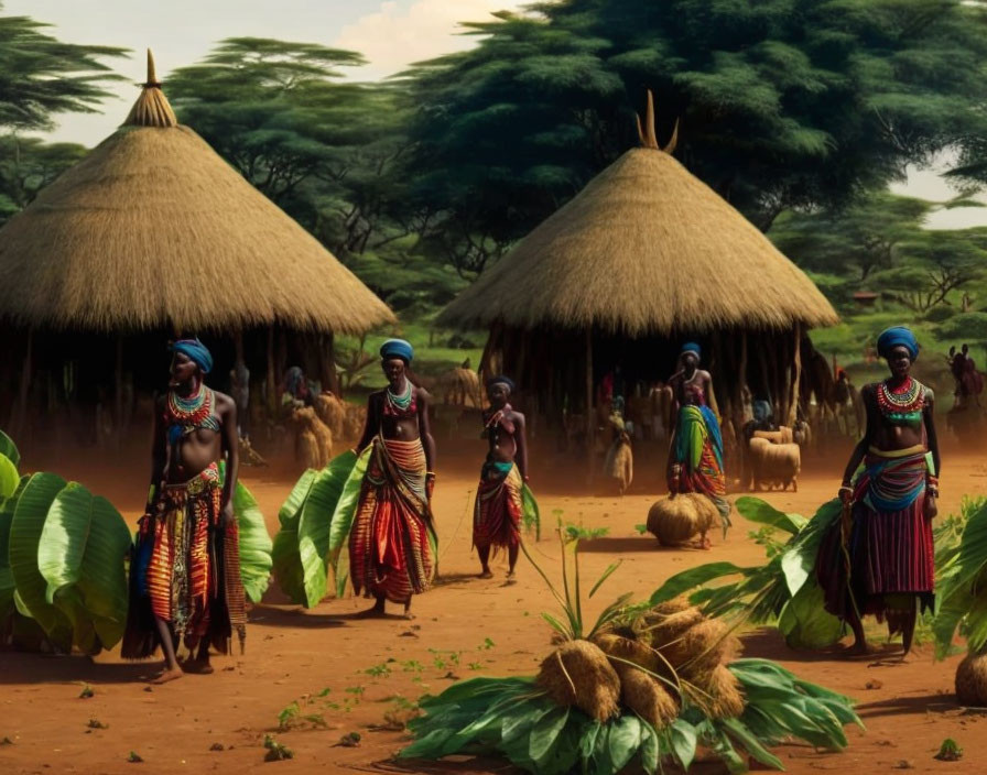 African Thatched Roof Huts with Women and Children in Colorful Clothing