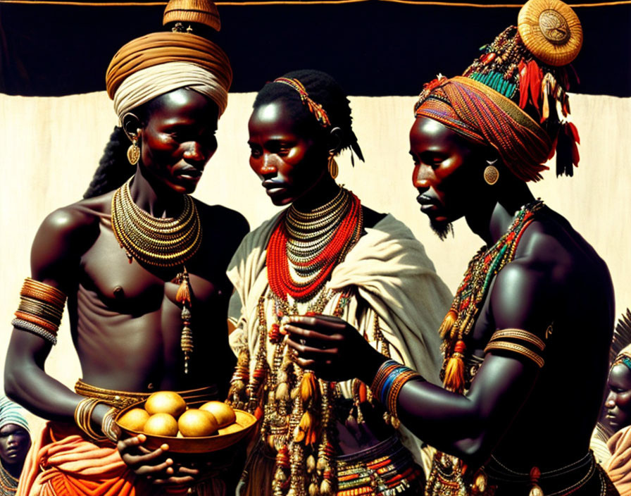 Three individuals in traditional African attire with elaborate jewelry and headgear, one holding a bowl of fruit.