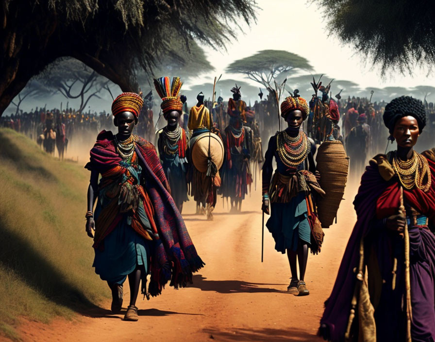 Traditional African Attire Group Walking on Dirt Road