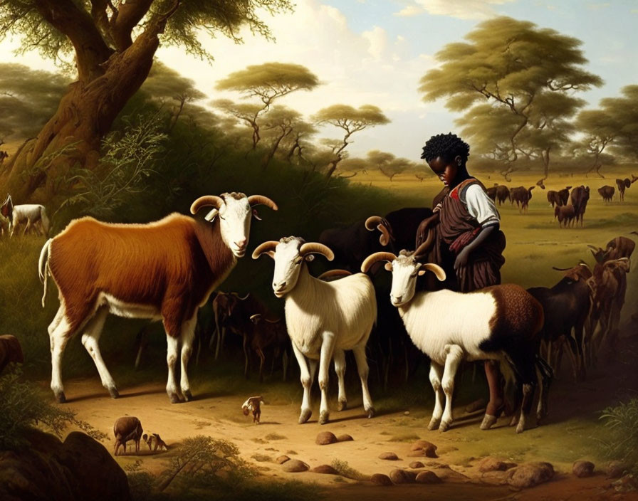 Person standing among goats in pastoral savanna with trees