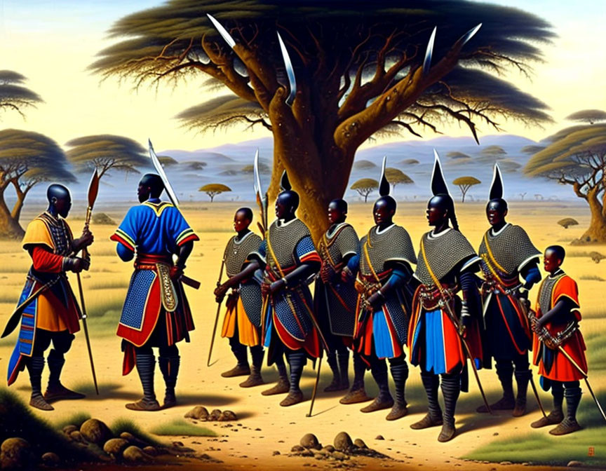 Traditional African warriors in armor on savanna landscape with spears and shields