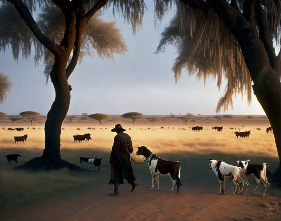 Herder with dogs watching cattle in savannah at sunset