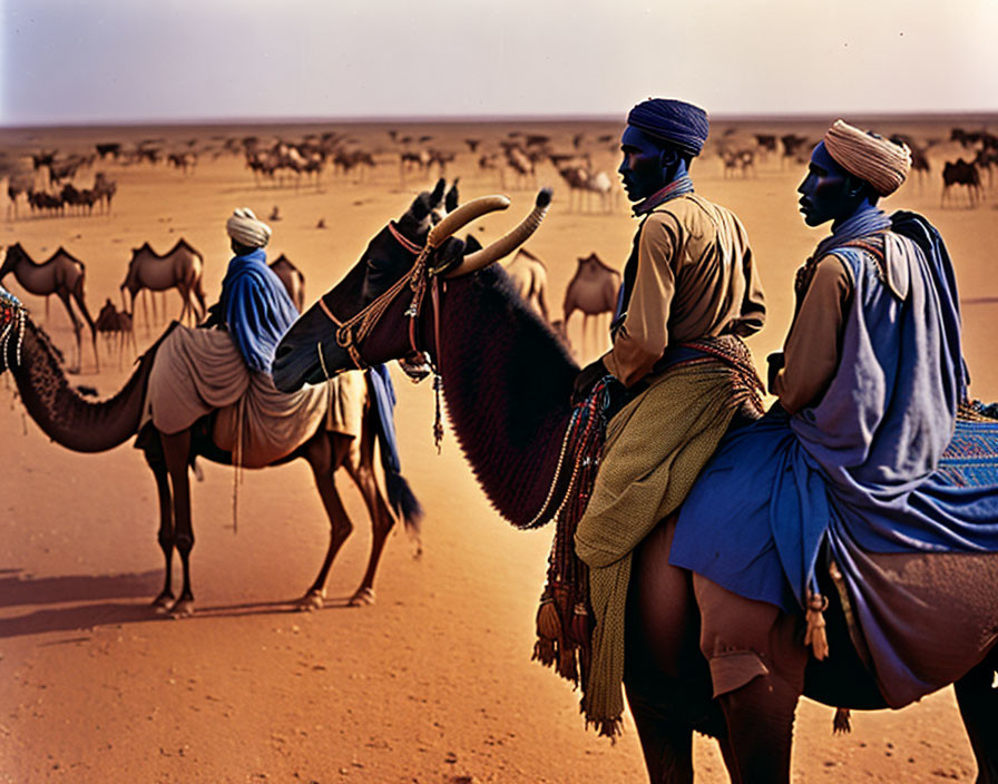 Group of People Riding Camels in Desert Landscape