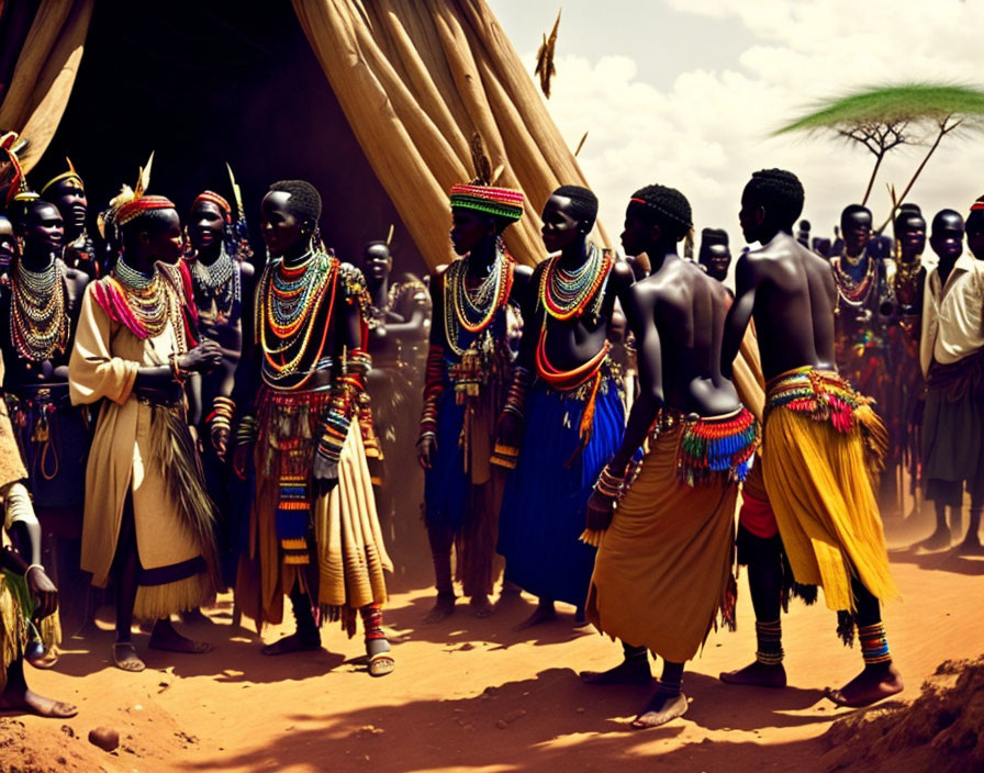 Group in Traditional African Attire Near Hut Under Sunny Sky