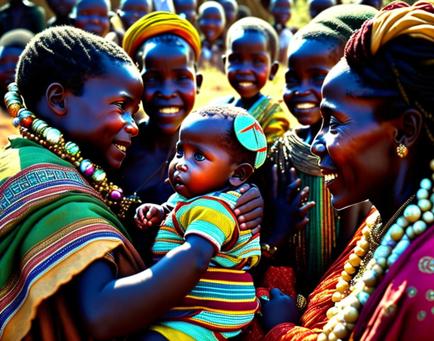 Traditional Attire Women Smiling at Baby in Joyful Gathering