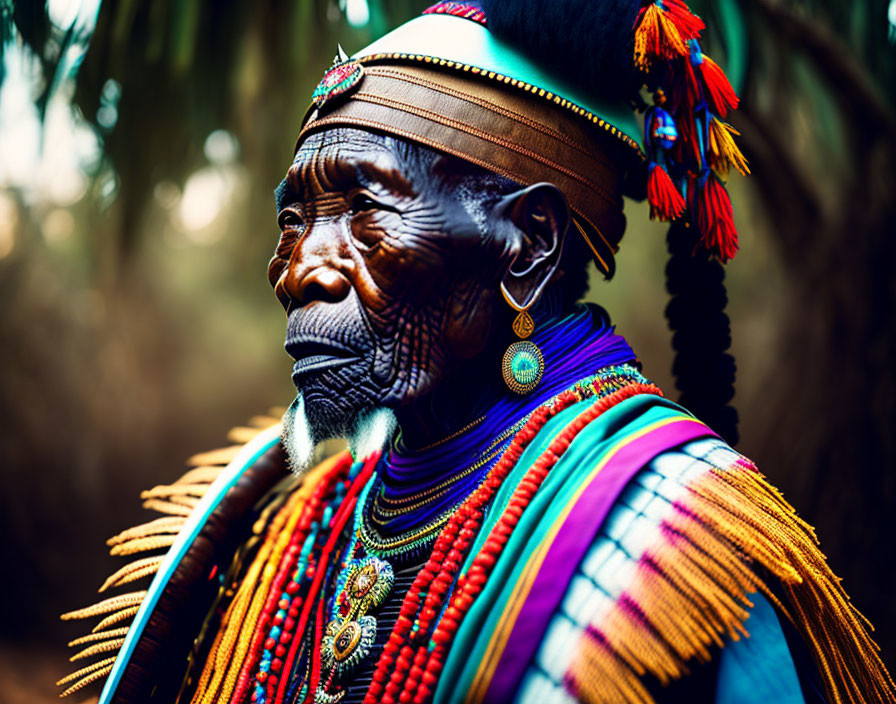 Elderly person in colorful tribal attire surrounded by soft backlight