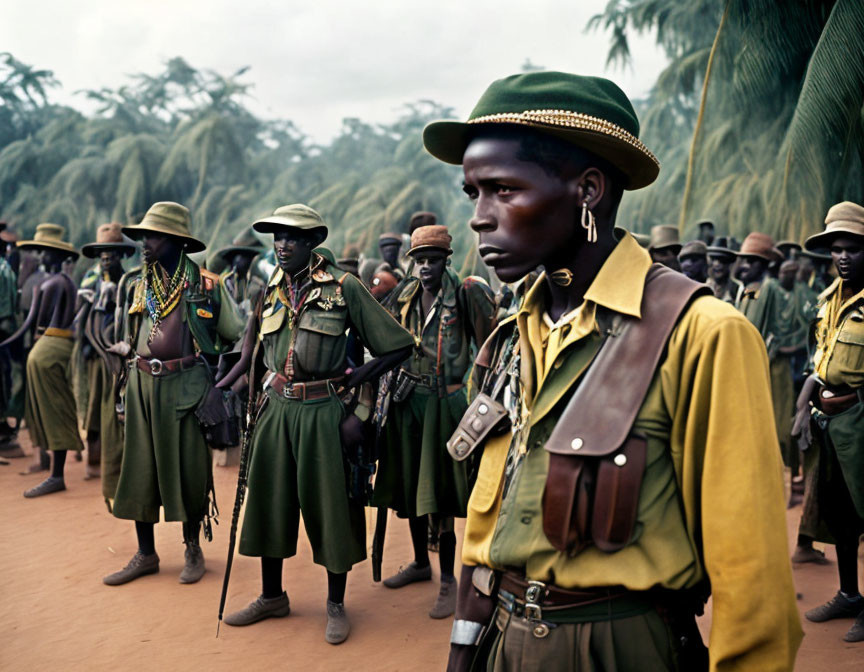 Group of uniformed individuals in green shirts, brown belts, and hats in natural setting