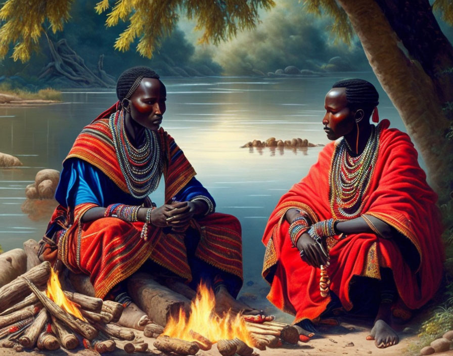 African individuals in traditional attire by river and fire