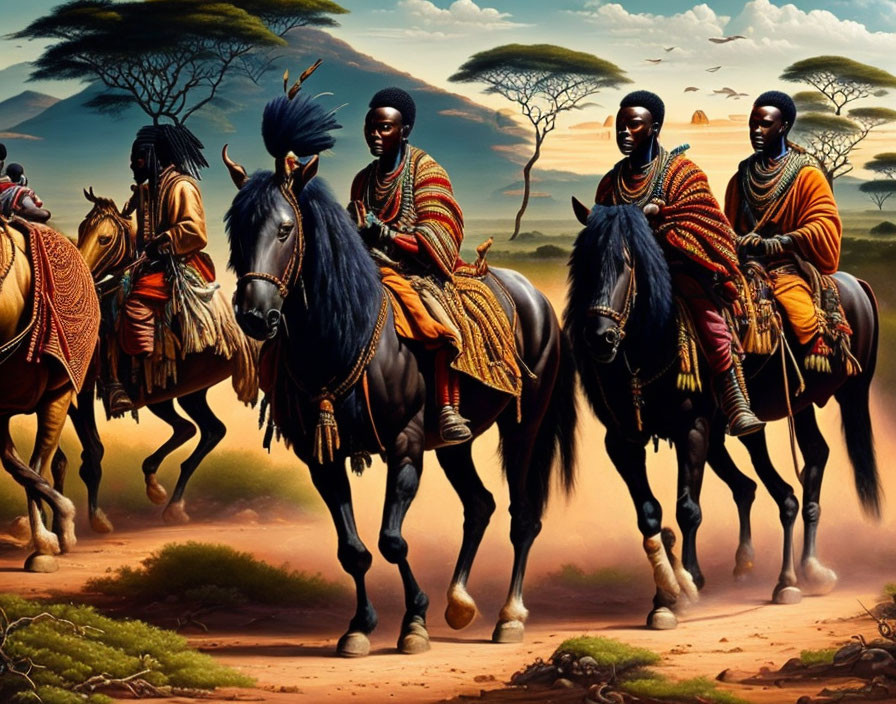 Group of people in traditional attire riding horses on savannah landscape