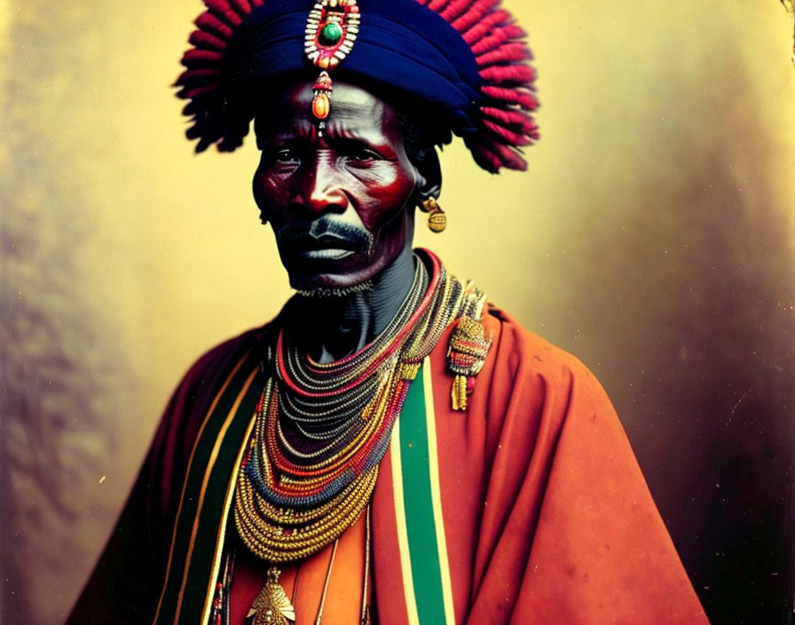 Traditional African Attire with Colorful Headdress and Orange Garment