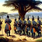 Traditional African warriors in armor on savanna landscape with spears and shields