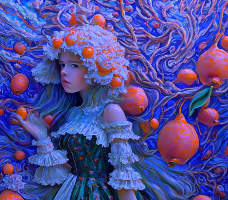 Girl in Citrus-Themed Attire on Surreal Blue Background