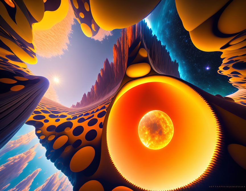 Vibrant surreal landscape with orange sun, cliffs, and stars