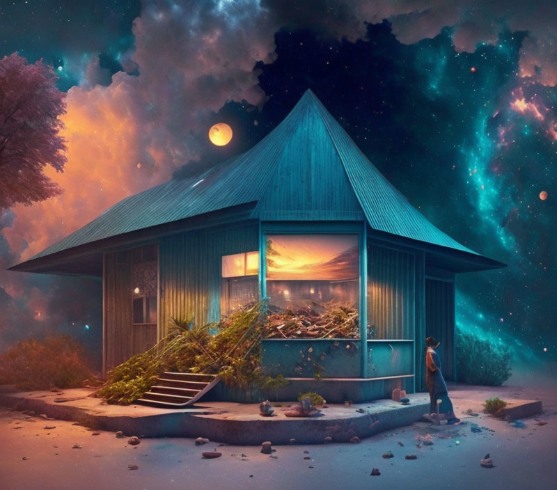 Person standing by solitary house under starry sky with nebula.