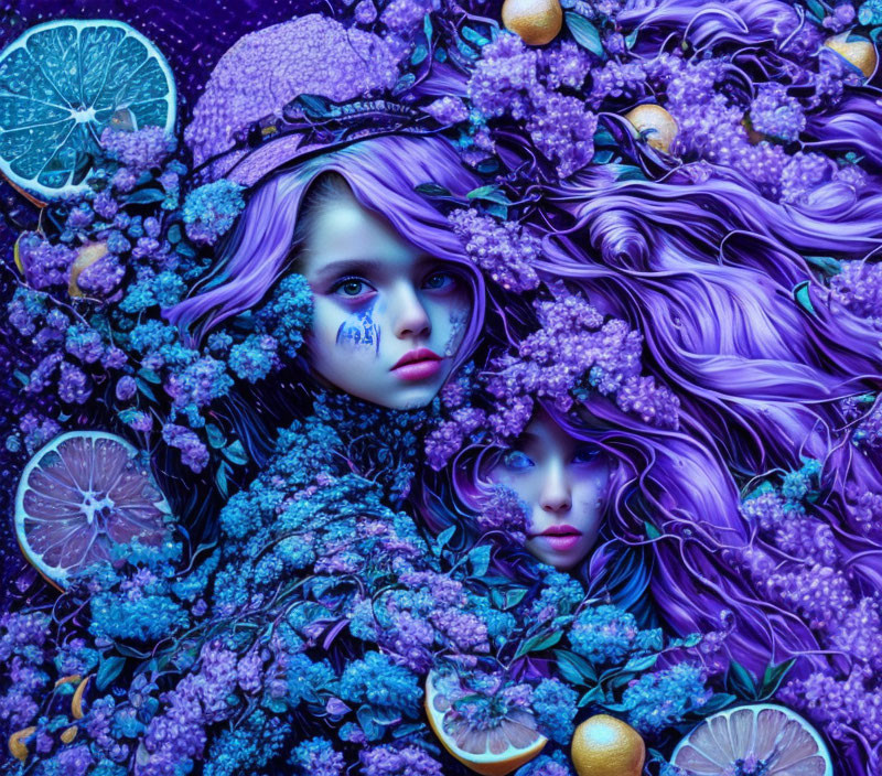 Digital artwork featuring two female faces amidst purple flora, citrus, and whimsical patterns