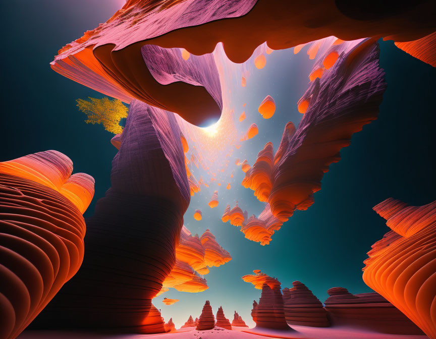 Colorful surreal desert landscape with layered rock formations