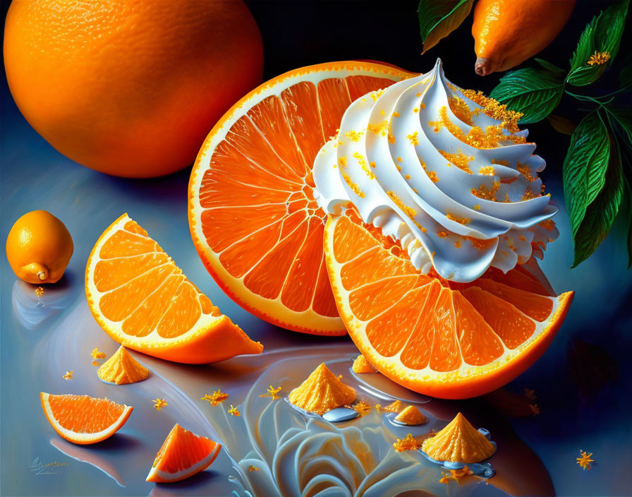 Colorful still life: orange, cream, kumquat on blue background