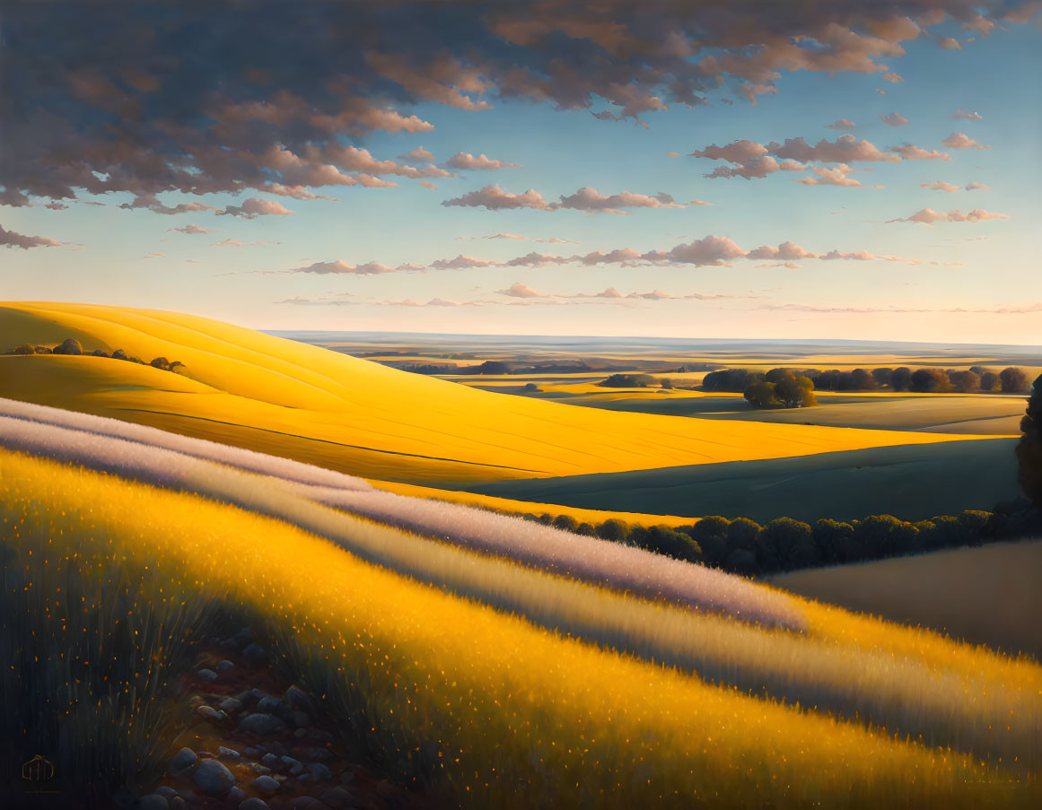 Sunset over rolling golden fields with shadowed undulating landscape