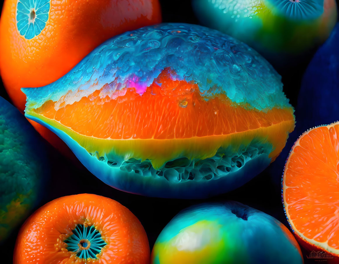 Colorful Citrus Fruits with Water Droplets on Dark Background