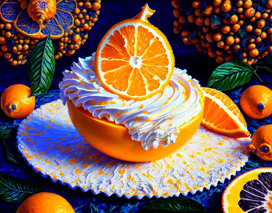 Colorful Still Life: Orange on Cream Dessert with Blossoms