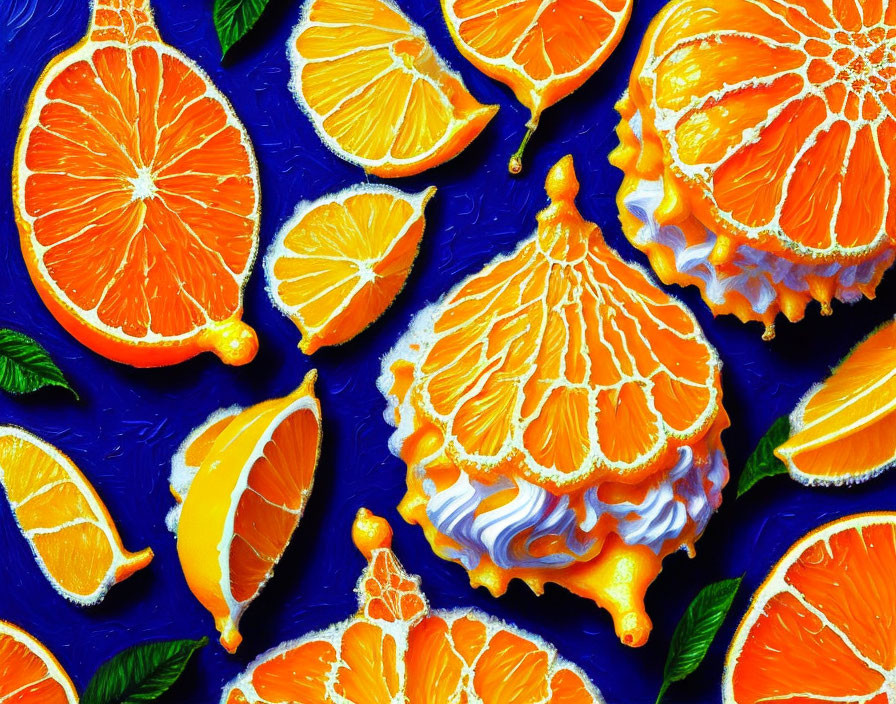 Fresh Oranges on Blue Background with Green Leaves