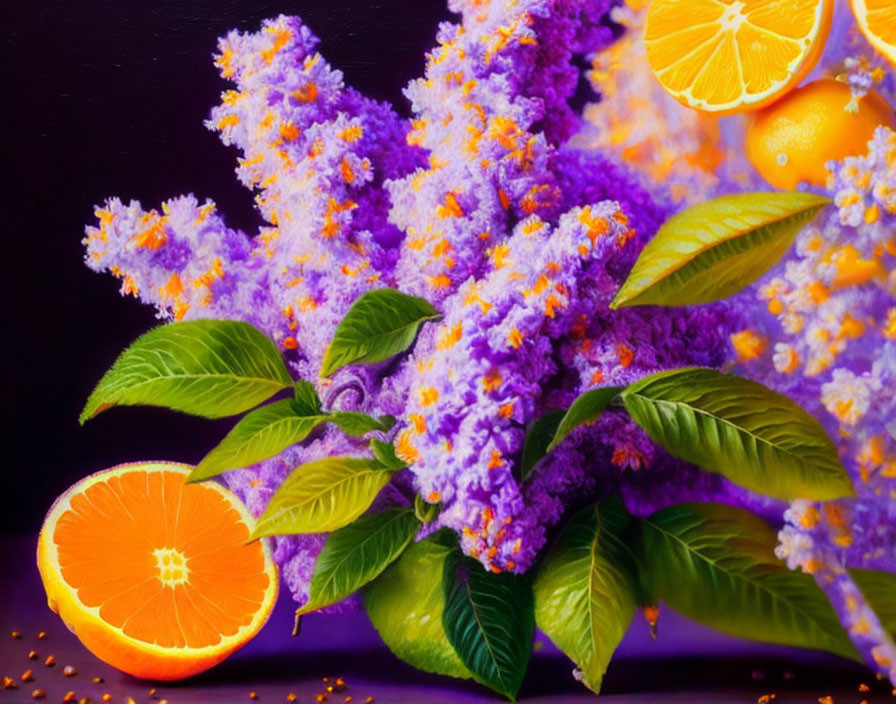 Purple Flowers and Citrus Fruits on Dark Background