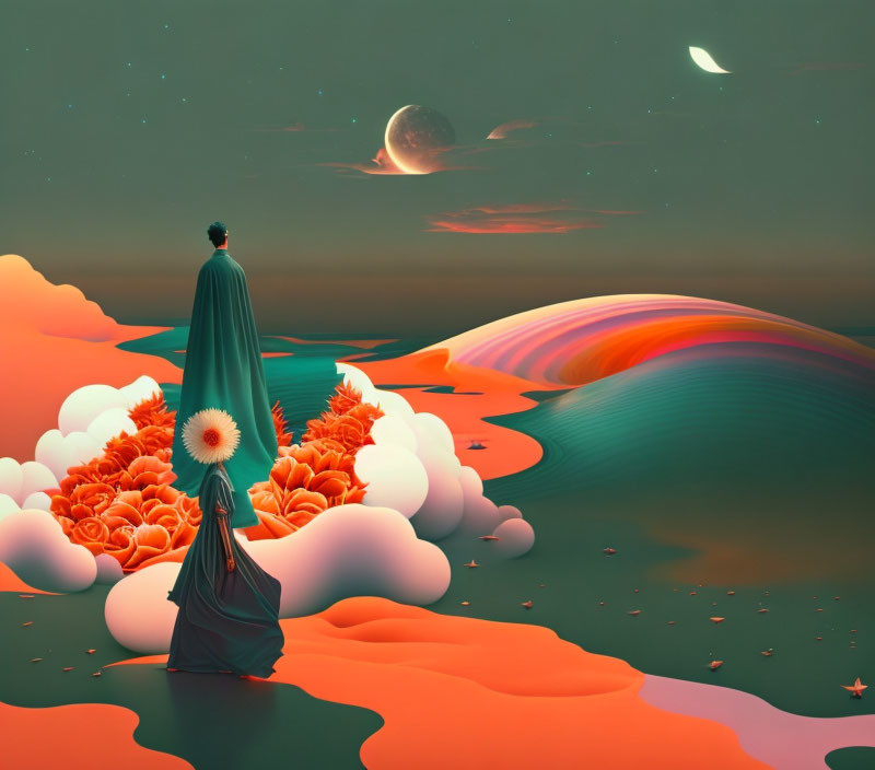 Person in flowing cape in surreal, colorful landscape with oversized flowers and moonlit sky