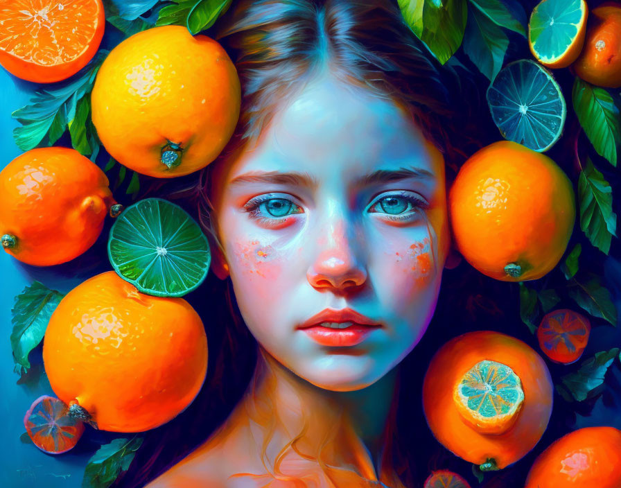 Colorful digital painting of a girl with citrus fruits in a dreamy setting