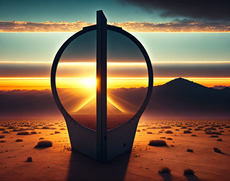 Surreal desert landscape with giant metallic switch at sunset