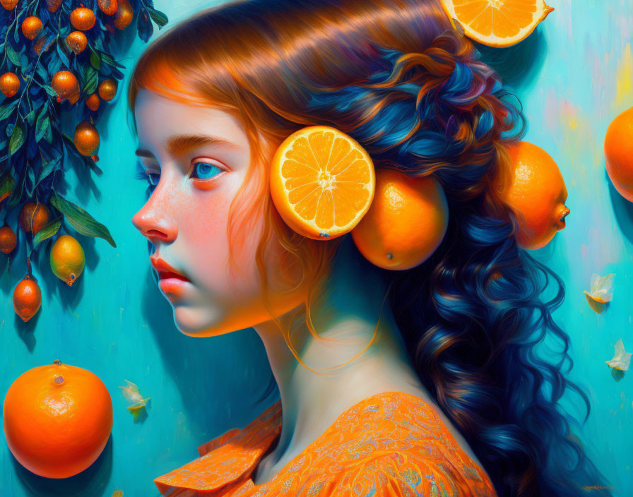 Girl with Blue Eyes and Curly Hair Surrounded by Oranges and Butterflies