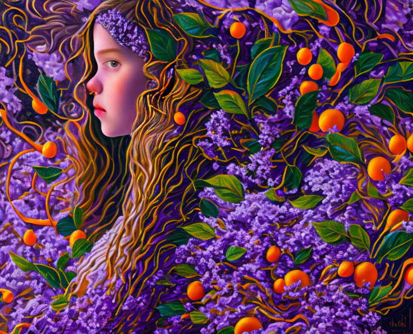 Colorful girl's face in purple floral background with fruits and leaves