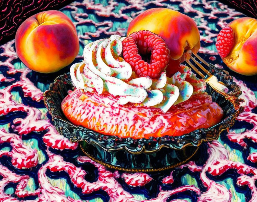 Colorful dessert with peaches, whipped cream, and raspberries on patterned backdrop