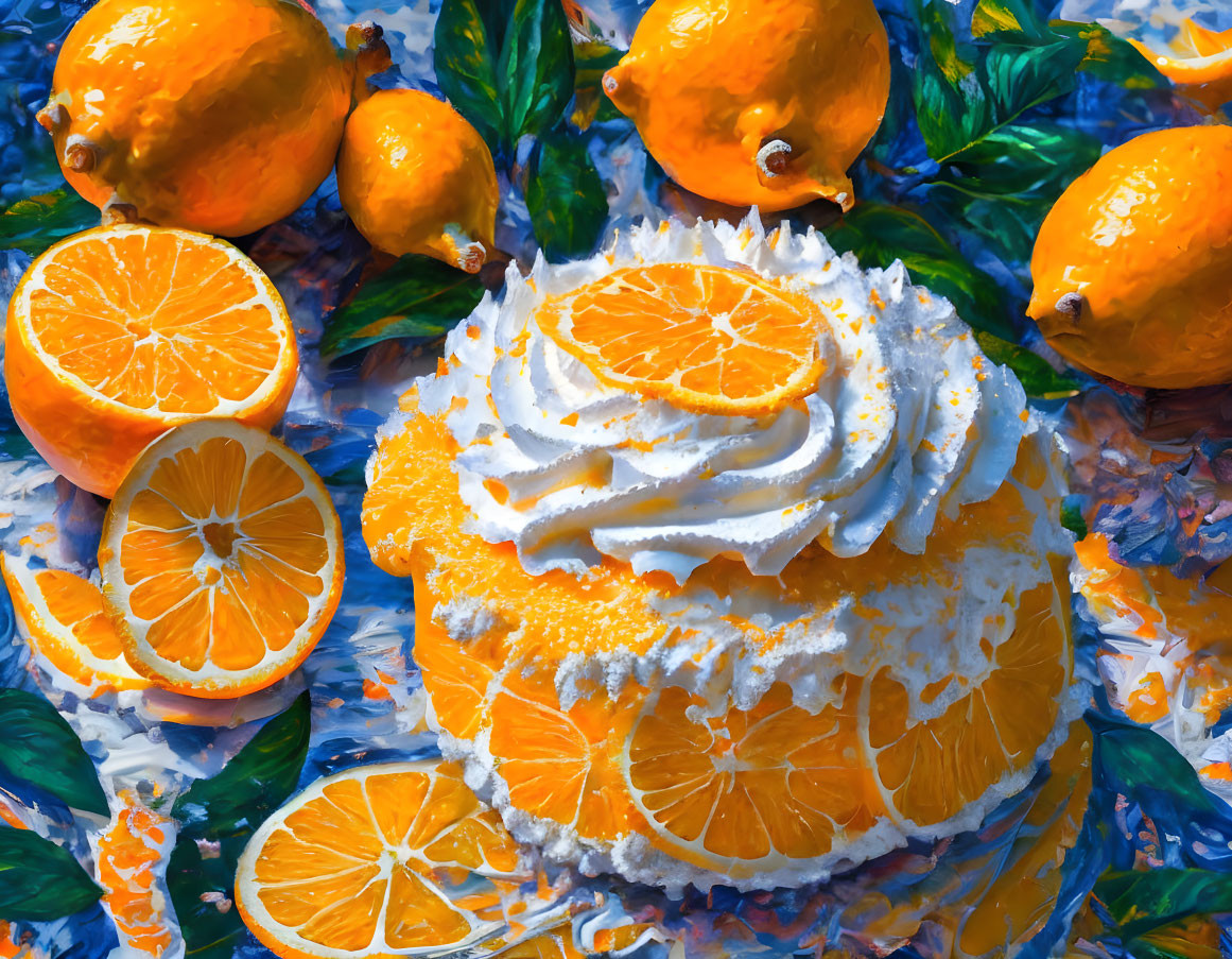 Colorful Citrus-Themed Cake with Cream and Oranges