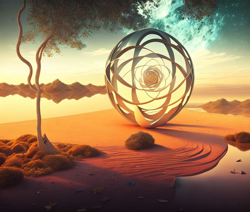 Surreal landscape with metallic sculpture, tree, river, dunes, starry sky