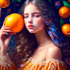 Voluminous curly hair woman with flower dress holding sliced orange among vibrant oranges and flowers.