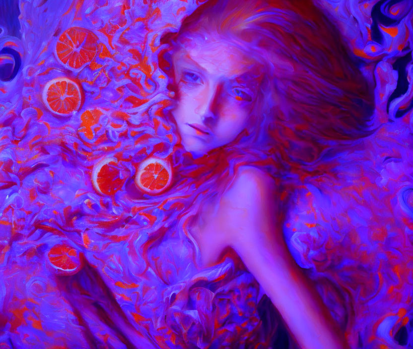 Vibrant surreal painting of person in swirling blue and purple sea