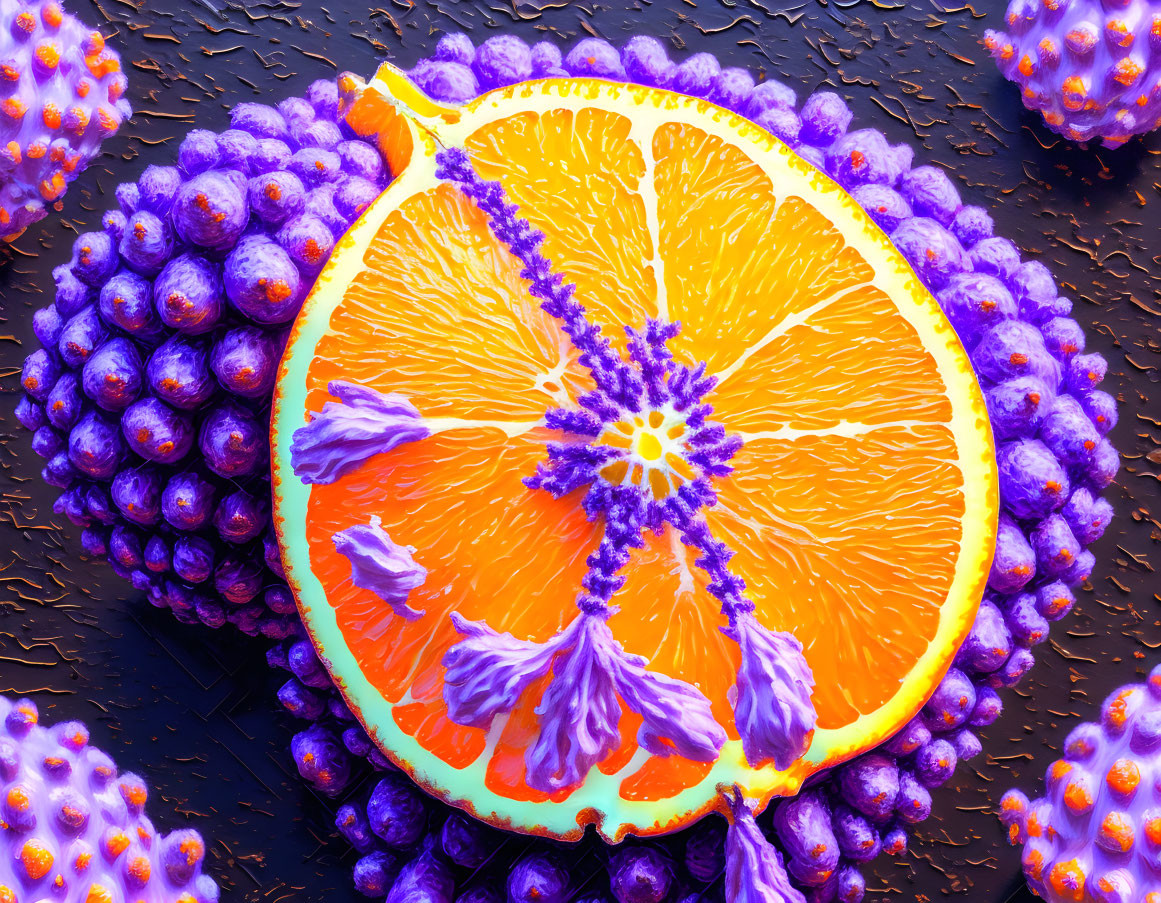 Orange Slice with Purple Crystalline Pattern and Berries on Dark Background