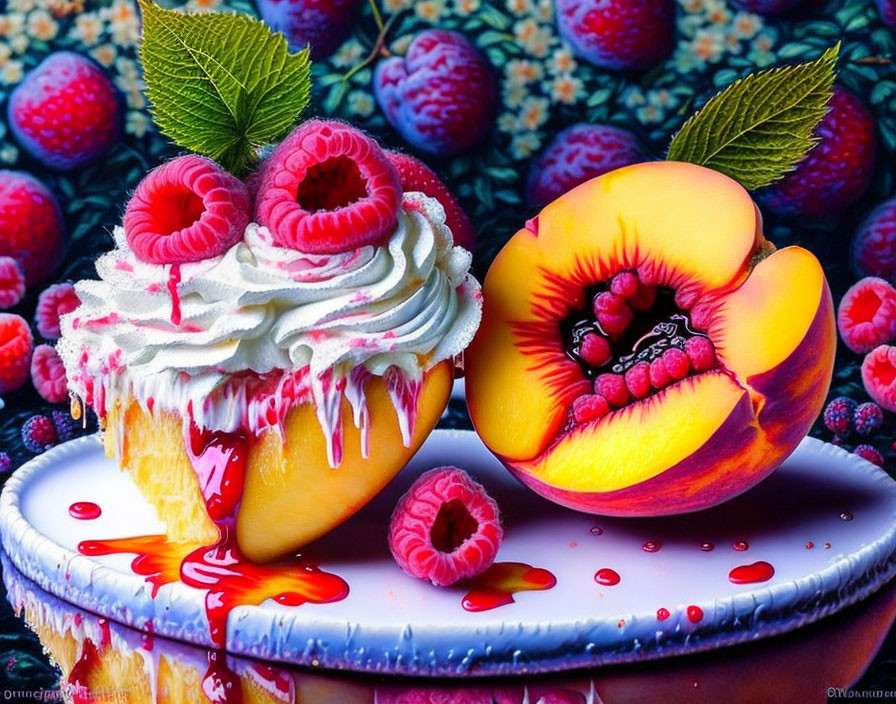 Colorful dessert with whipped cream and fruit on decorative plate