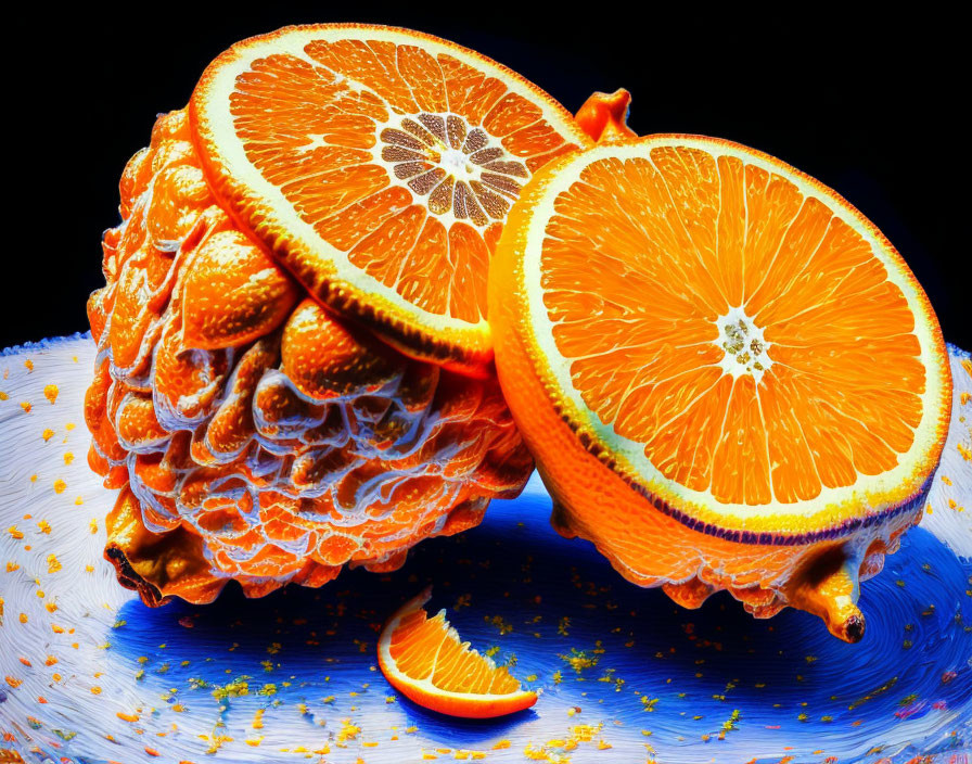 Vibrant orange cross-sections on blue background with sliced fruit.