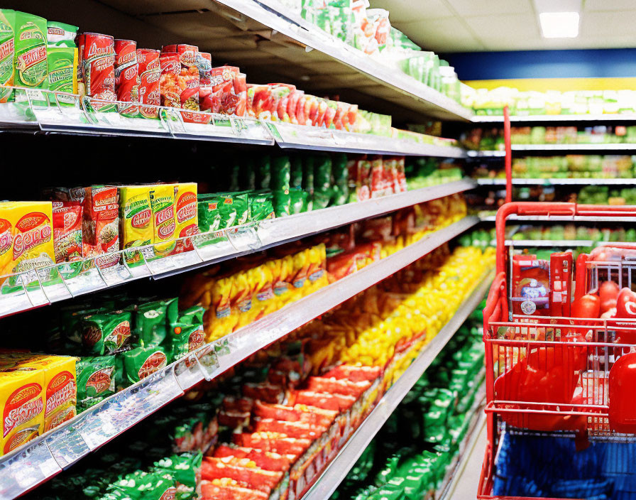 Vibrant pasta packages in brightly-lit supermarket aisle