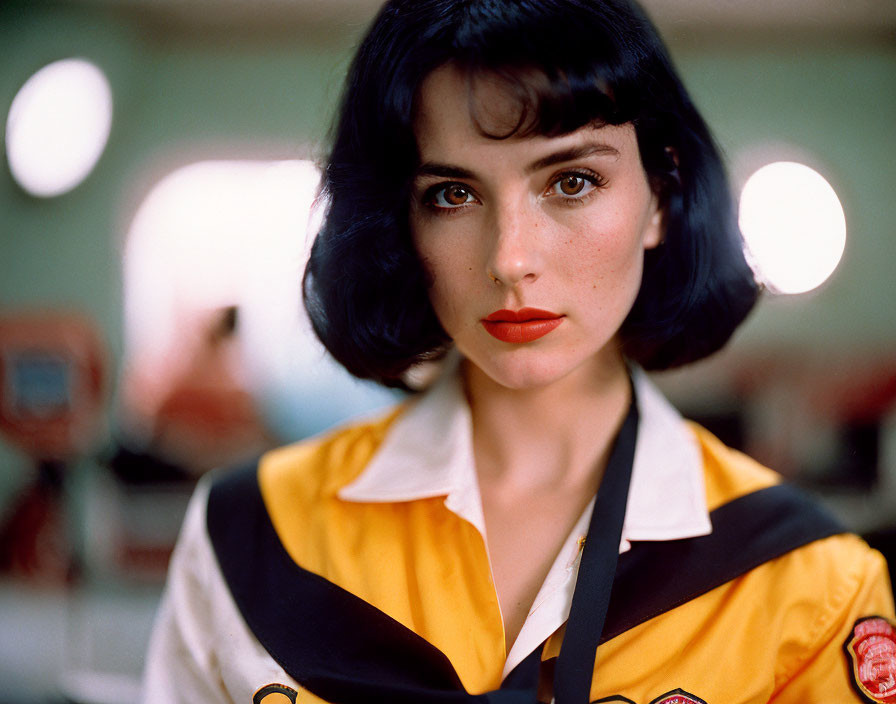 Woman with Short Black Hair and Red Lipstick in Yellow Striped Shirt with Badge on Softly Bl