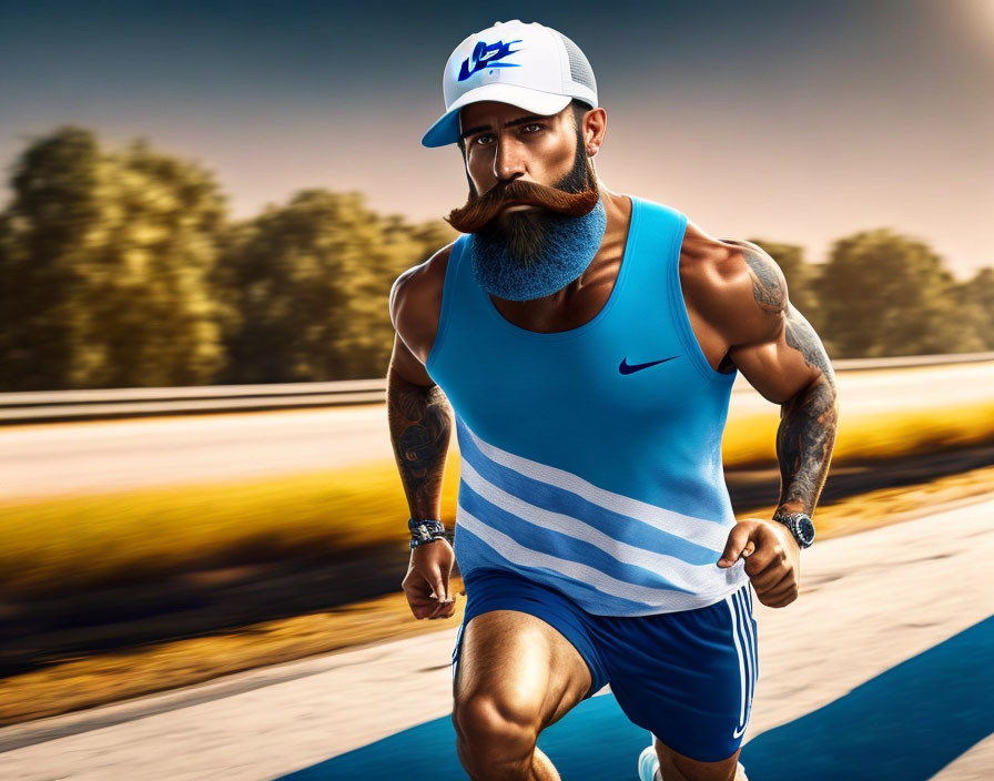 Male athlete in blue Nike attire running on road with blurred nature background.