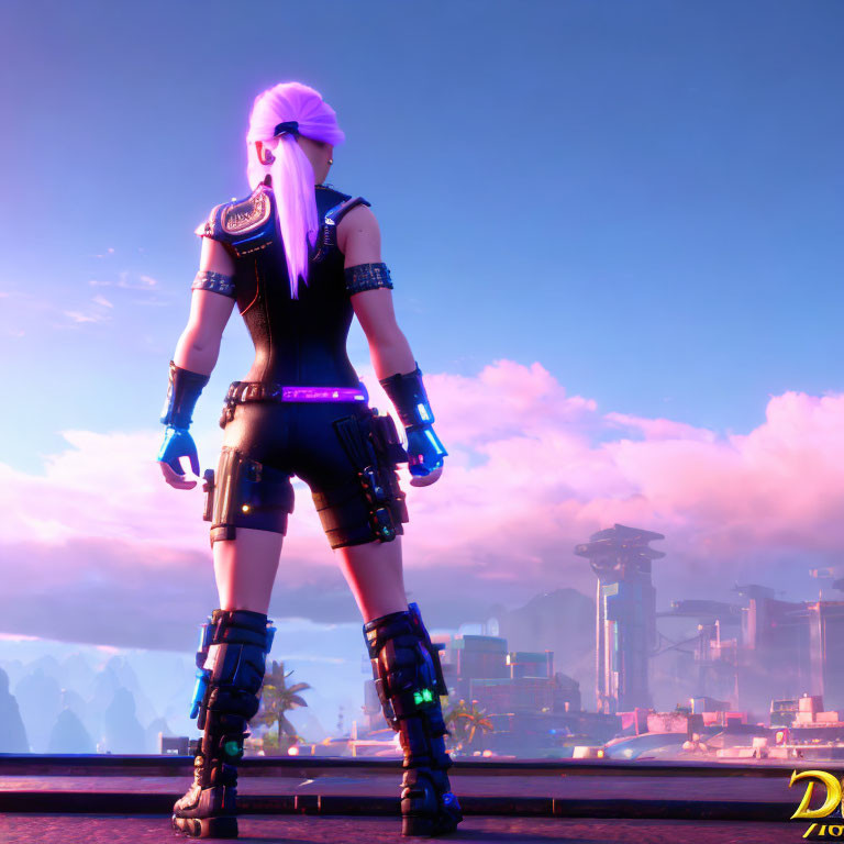 Stylized female character with pink ponytail hair in futuristic black outfit against city skyline at dusk