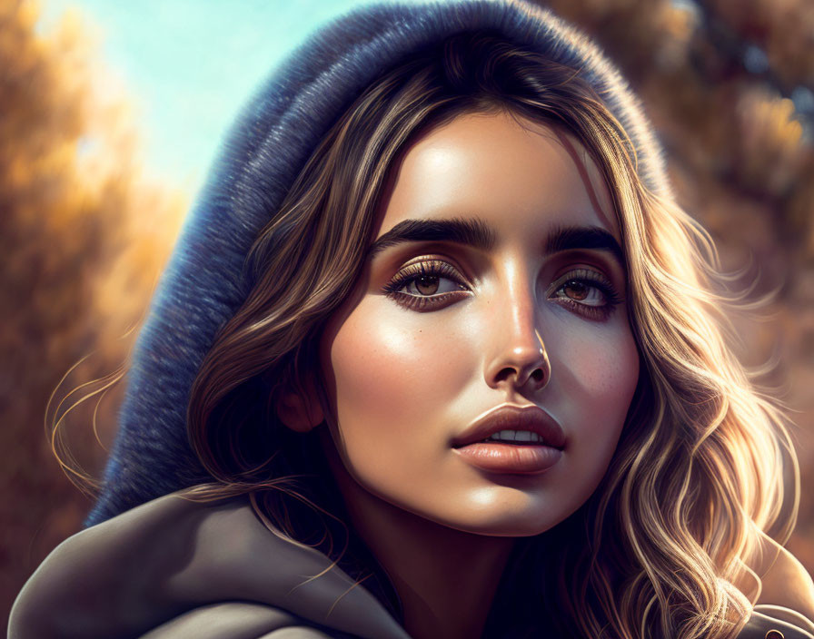 Digital portrait of woman with wavy hair in blue hooded garment, set against autumn backdrop