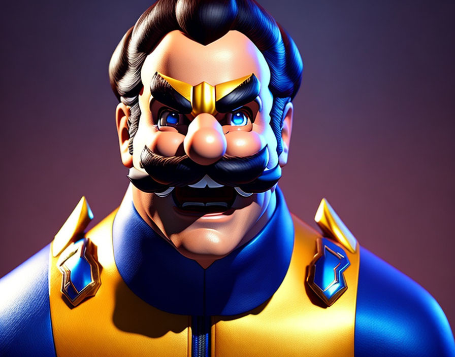 Detailed 3D character illustration with mustache, bushy eyebrows, blue and yellow uniform.