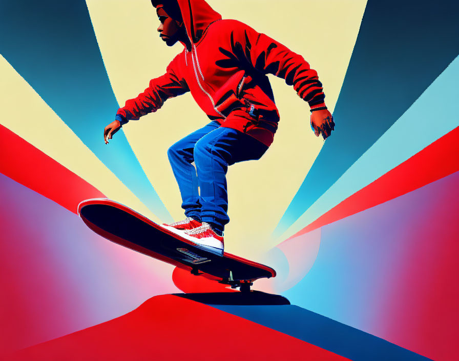 Skateboarder in Red Hoodie on Colorful Geometric Background