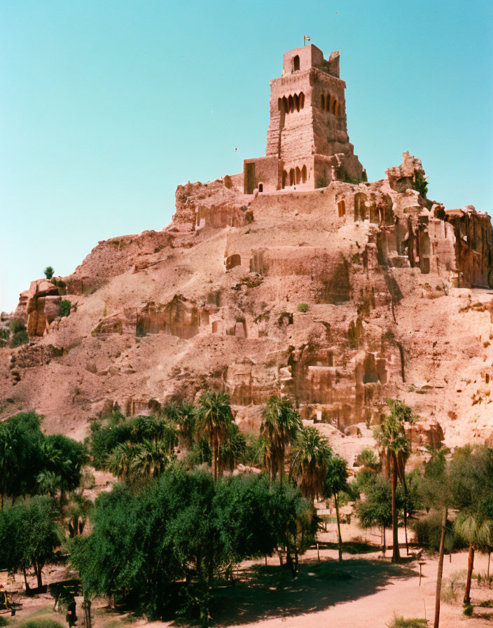 Fortress on rugged hill with palm trees and blue sky