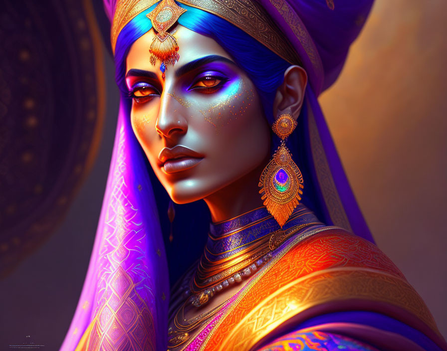 Vibrant blue-skinned woman in traditional Indian attire on golden backdrop